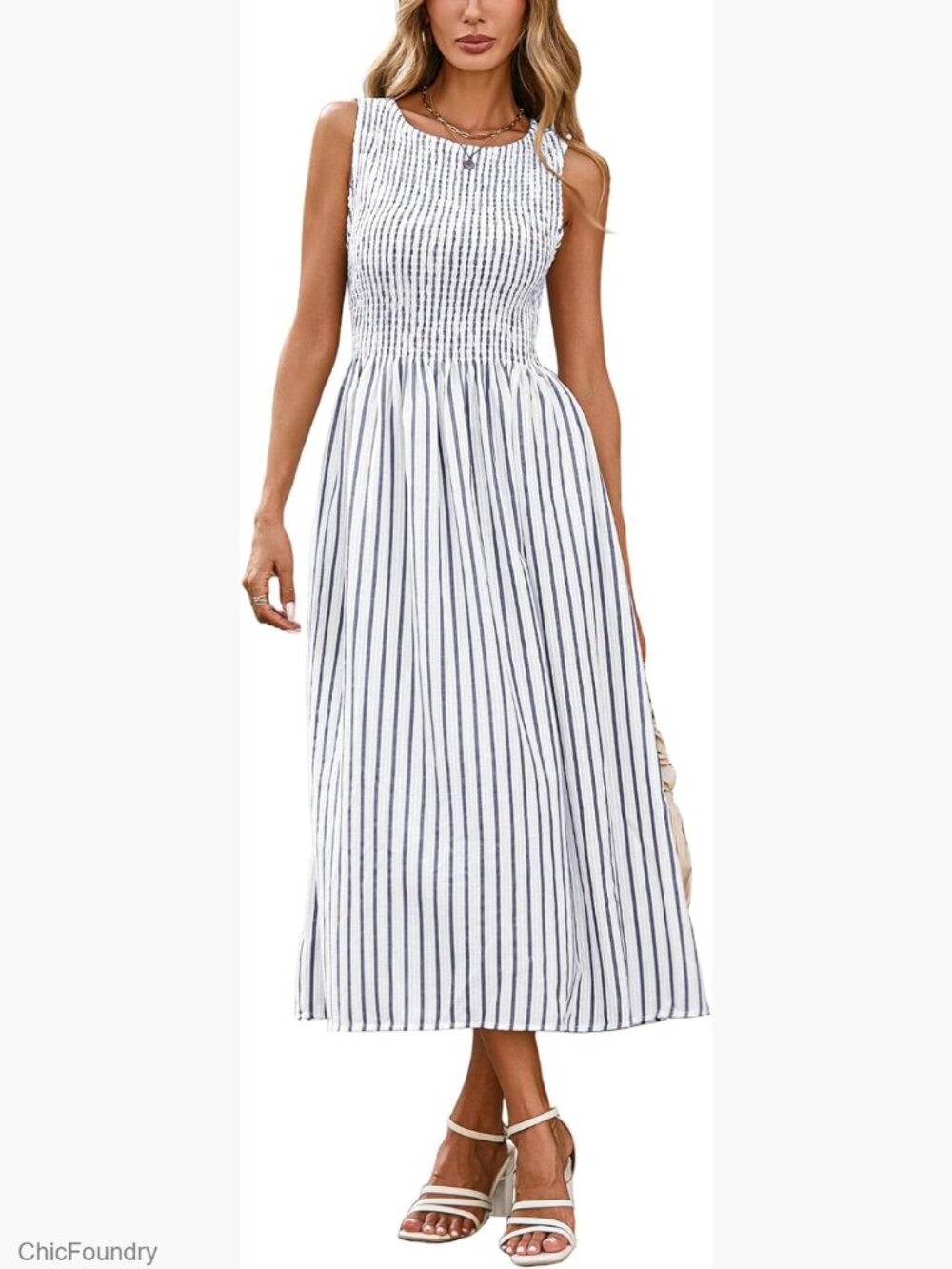 Striped Smocked Sleeveless Swing A-Line Midi Dress with Pockets